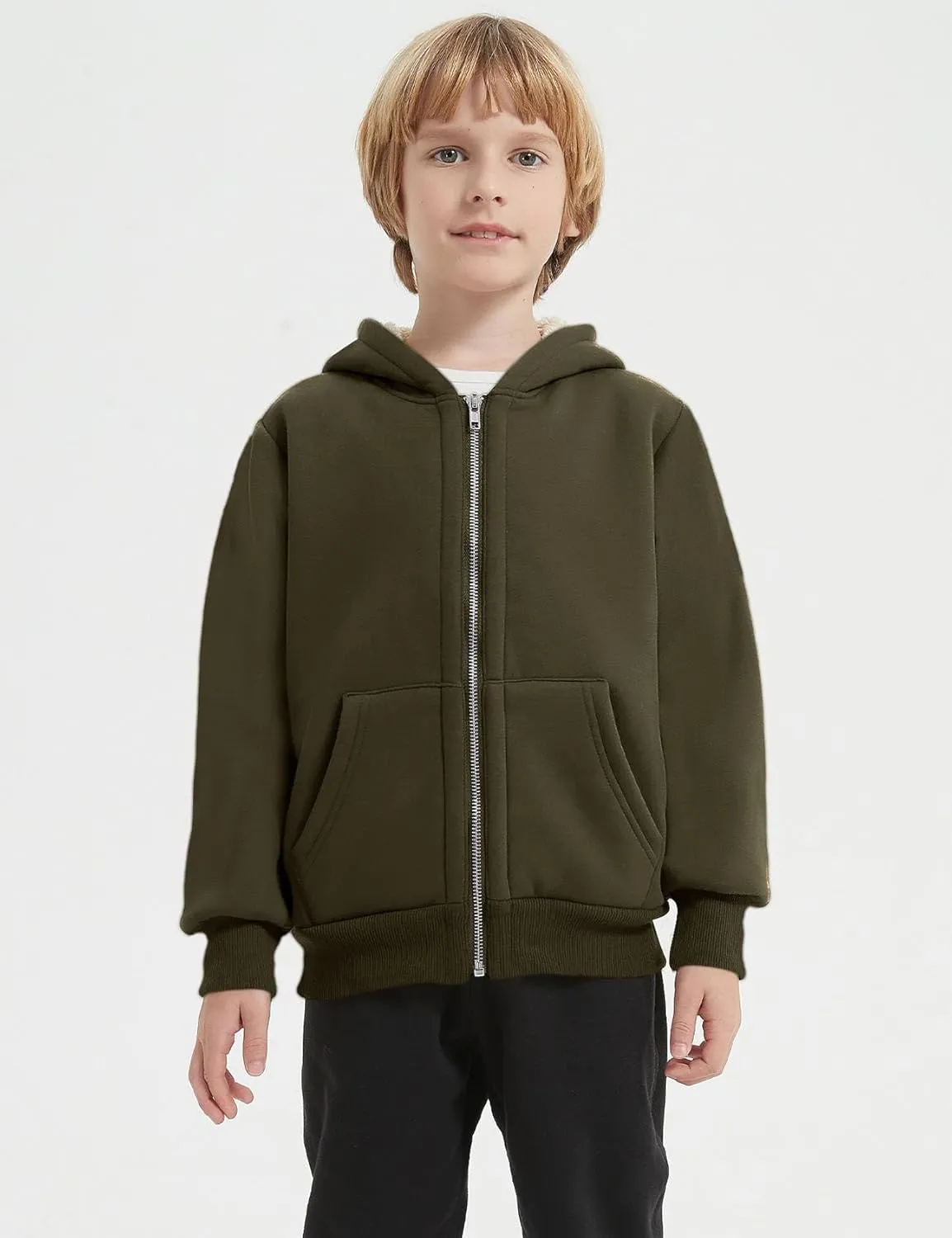 Unisex Boys Girls Sherpa Lined Fleece Jacket Hoodie Kids Warm Winter Zip Up Hooded Sweatshirt Jackets Coat 5-15Y