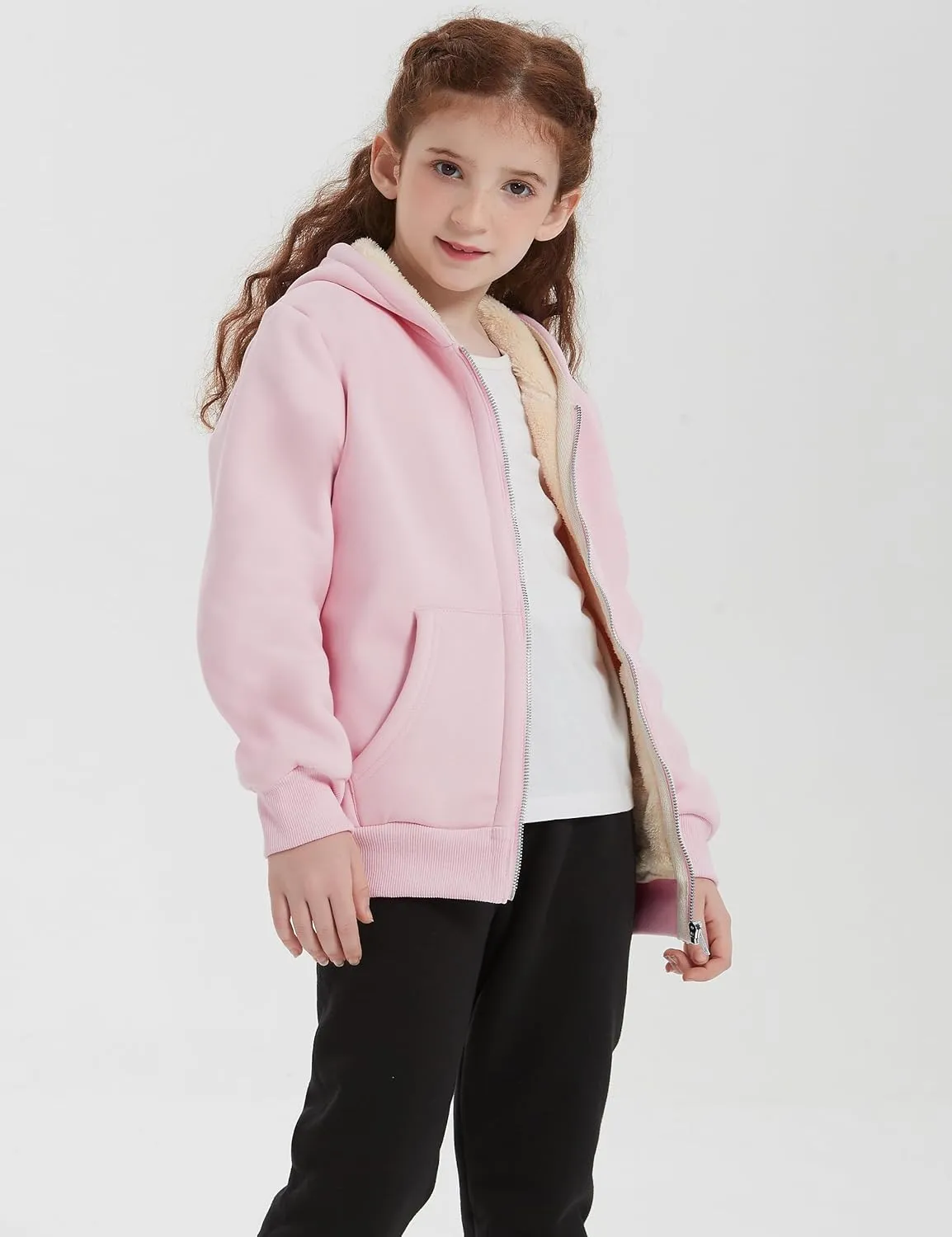 Unisex Boys Girls Sherpa Lined Fleece Jacket Hoodie Kids Warm Winter Zip Up Hooded Sweatshirt Jackets Coat 5-15Y
