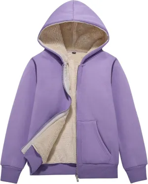 Unisex Boys Girls Sherpa Lined Fleece Jacket Hoodie Kids Warm Winter Zip Up Hooded Sweatshirt Jackets Coat 5-15Y