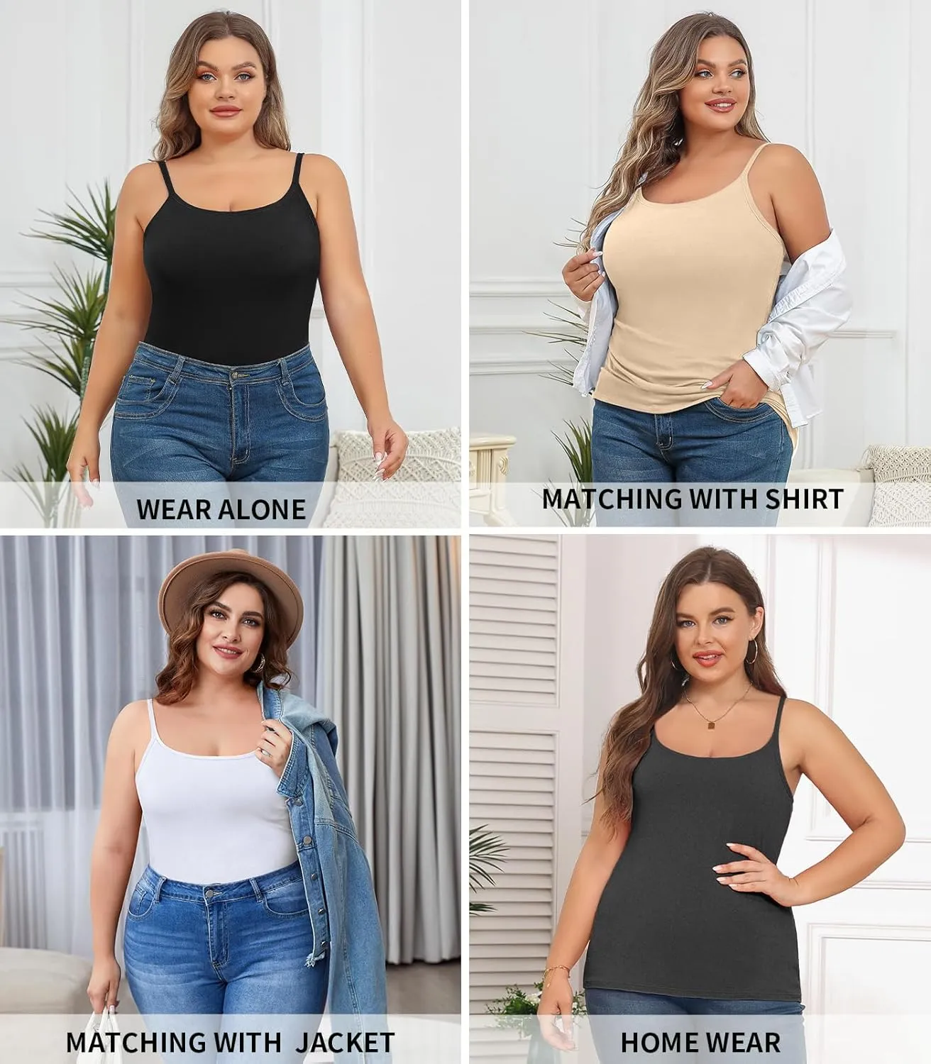 V FOR CITY Plus Size Camisole for Women with Shelf Bra Adjustable Spaghetti Strap Cami Tank Top Cotton Undershirts 1X-5X