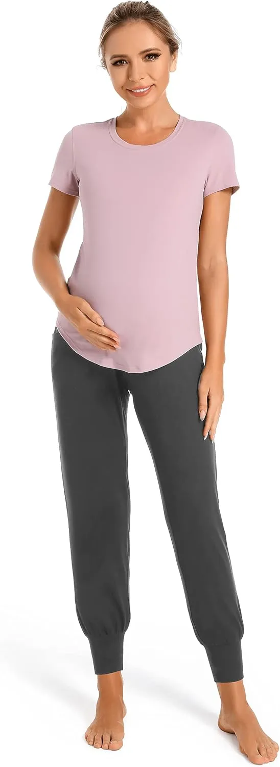 V VOCNI Women's Maternity Pants Maternity Activewear Jogger Track Cuff Sweatpants Over The Belly Stretchy Pregnancy Pants