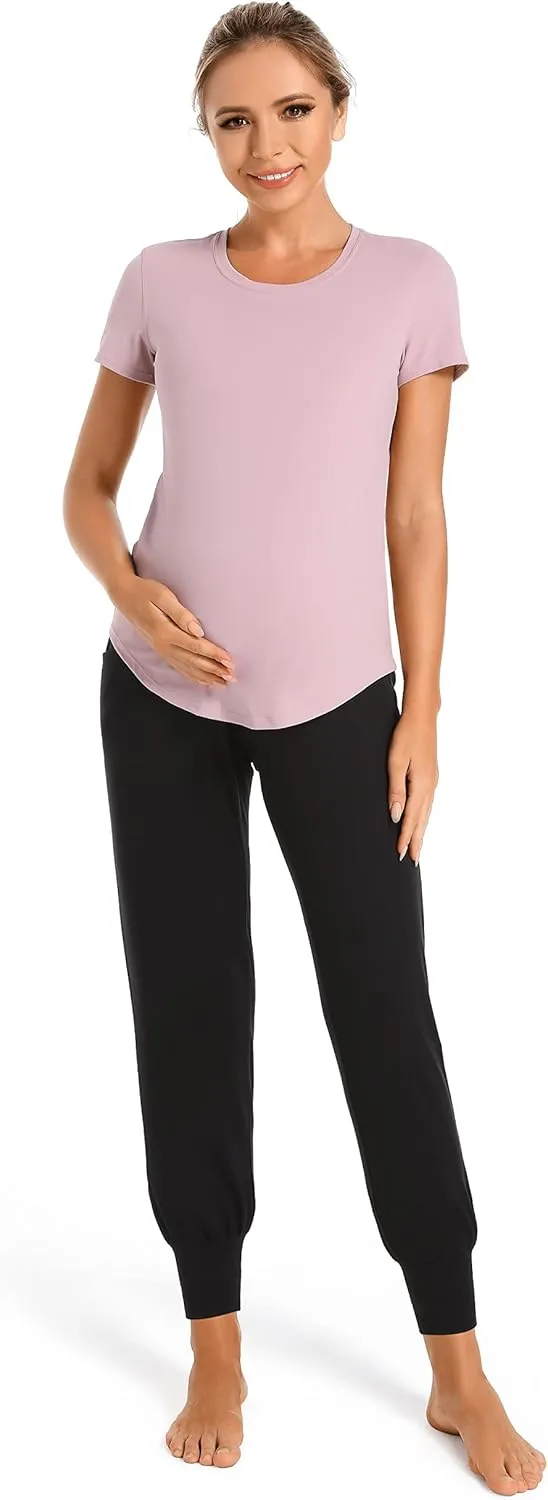 V VOCNI Women's Maternity Pants Maternity Activewear Jogger Track Cuff Sweatpants Over The Belly Stretchy Pregnancy Pants