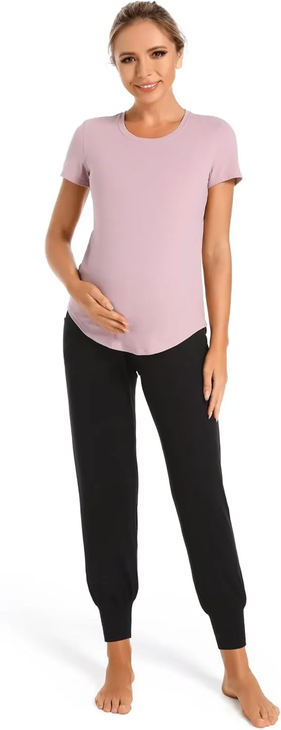 V VOCNI Women's Maternity Pants Maternity Activewear Jogger Track Cuff Sweatpants Over The Belly Stretchy Pregnancy Pants