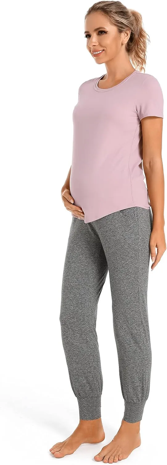 V VOCNI Women's Maternity Pants Maternity Activewear Jogger Track Cuff Sweatpants Over The Belly Stretchy Pregnancy Pants