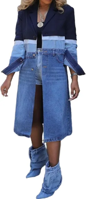 Vaceky Denim Trench Coat Women Patchwork Notched Lapel Lightweight Blazers Suit Jacket with Pockets