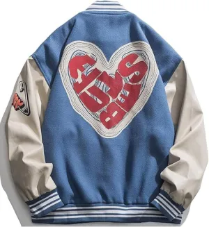 Vamtac Mens Varsity Baseball Jacket Letter Foaming Love Print Varsity Cotton Fur Coats Streetwear with Pocket