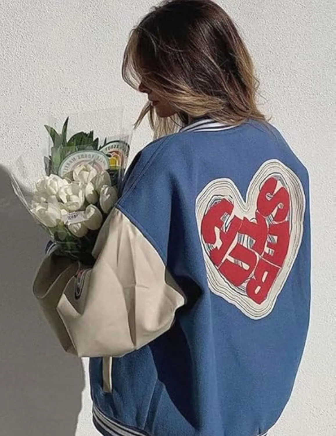 Vamtac Mens Varsity Baseball Jacket Letter Foaming Love Print Varsity Cotton Fur Coats Streetwear with Pocket