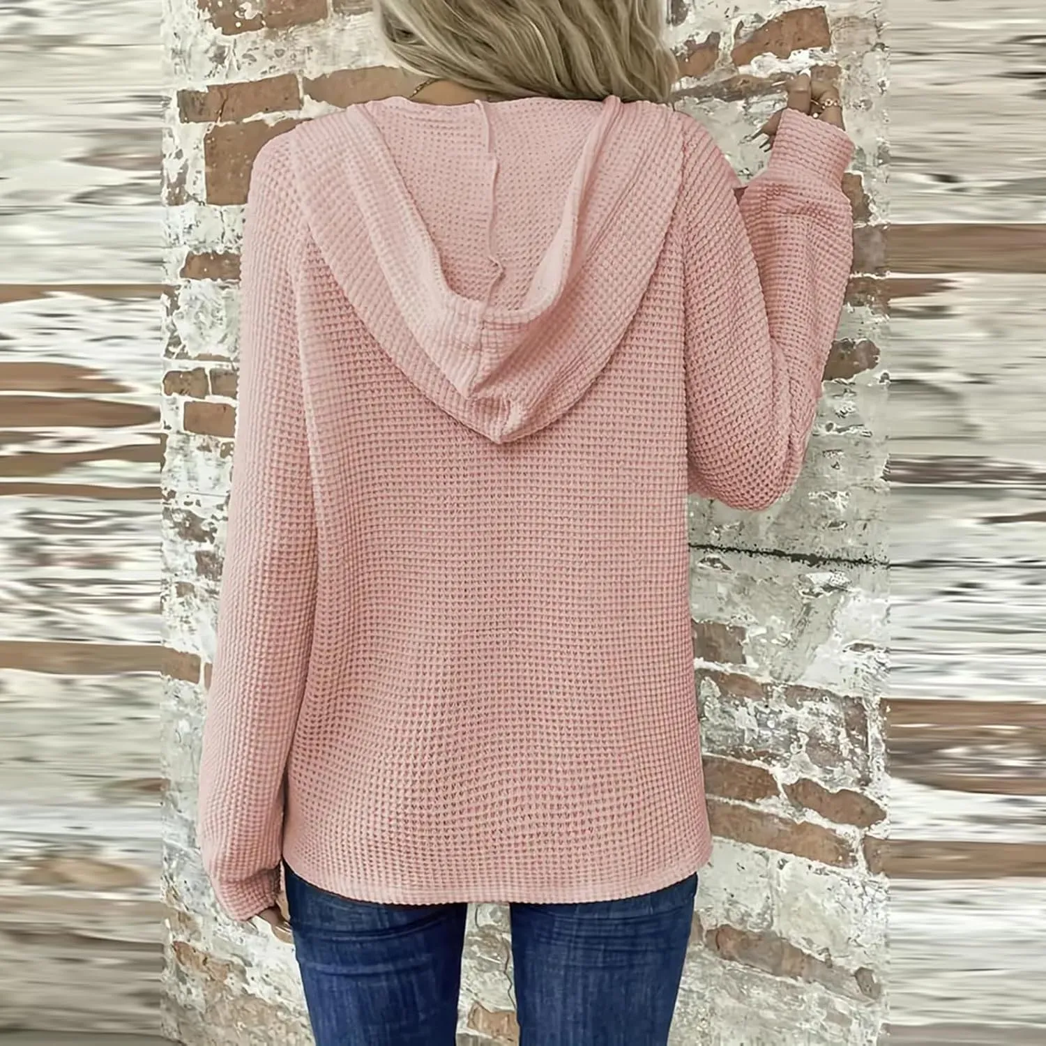 Waffle Knit Hooded Tops for Women Fall Trendy Button V Neck Pullover Sweatshirt Casual Long Sleeve Drawstring Hoodies