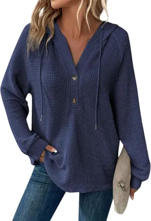 Waffle Knit Hooded Tops for Women Fall Trendy Button V Neck Pullover Sweatshirt Casual Long Sleeve Drawstring Hoodies