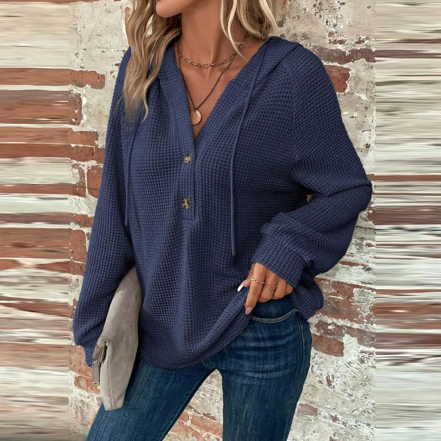 Waffle Knit Hooded Tops for Women Fall Trendy Button V Neck Pullover Sweatshirt Casual Long Sleeve Drawstring Hoodies