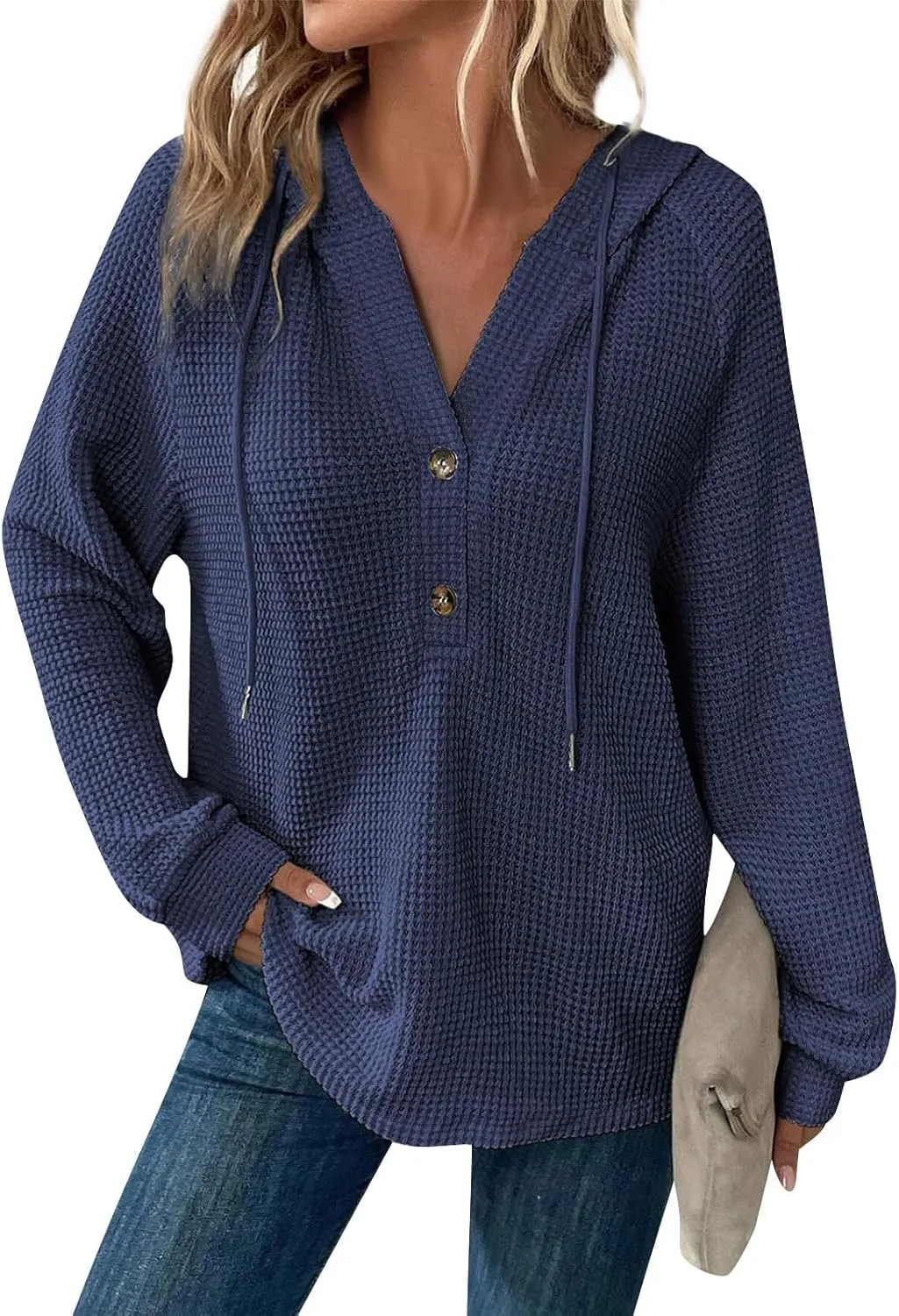 Waffle Knit Hooded Tops for Women Fall Trendy Button V Neck Pullover Sweatshirt Casual Long Sleeve Drawstring Hoodies