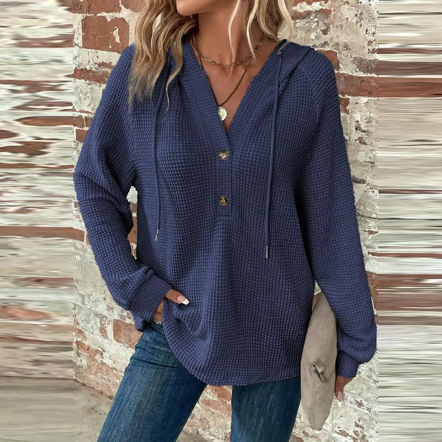 Waffle Knit Hooded Tops for Women Fall Trendy Button V Neck Pullover Sweatshirt Casual Long Sleeve Drawstring Hoodies
