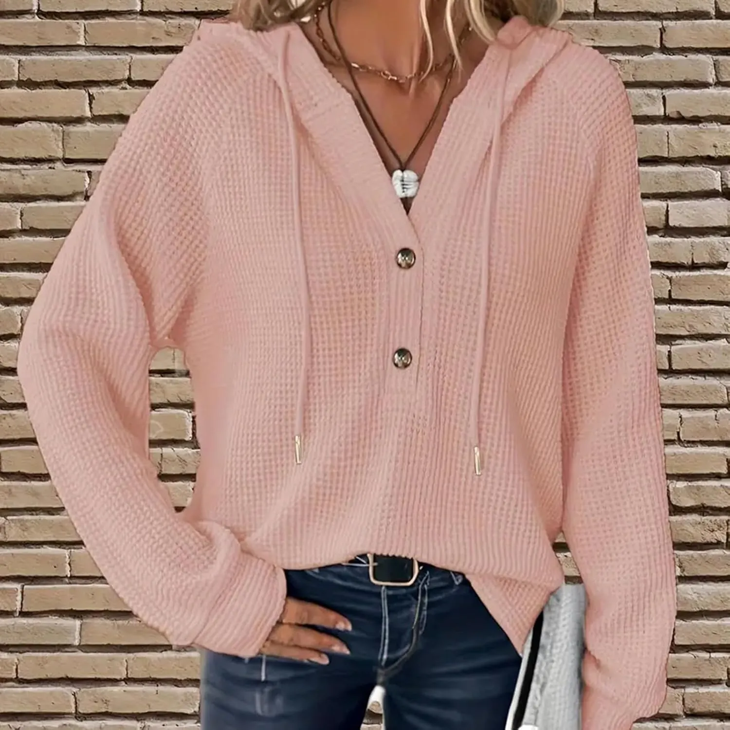 Waffle Knit Hooded Tops for Women Fall Trendy Button V Neck Pullover Sweatshirt Casual Long Sleeve Drawstring Hoodies