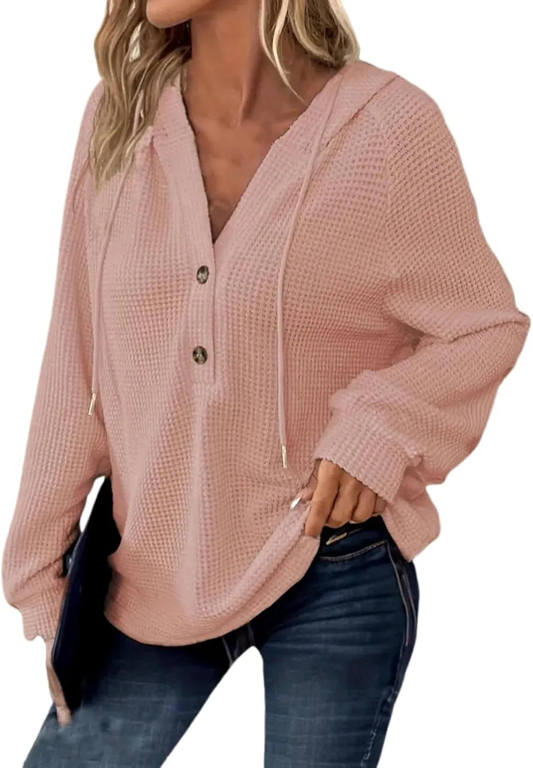 Waffle Knit Hooded Tops for Women Fall Trendy Button V Neck Pullover Sweatshirt Casual Long Sleeve Drawstring Hoodies