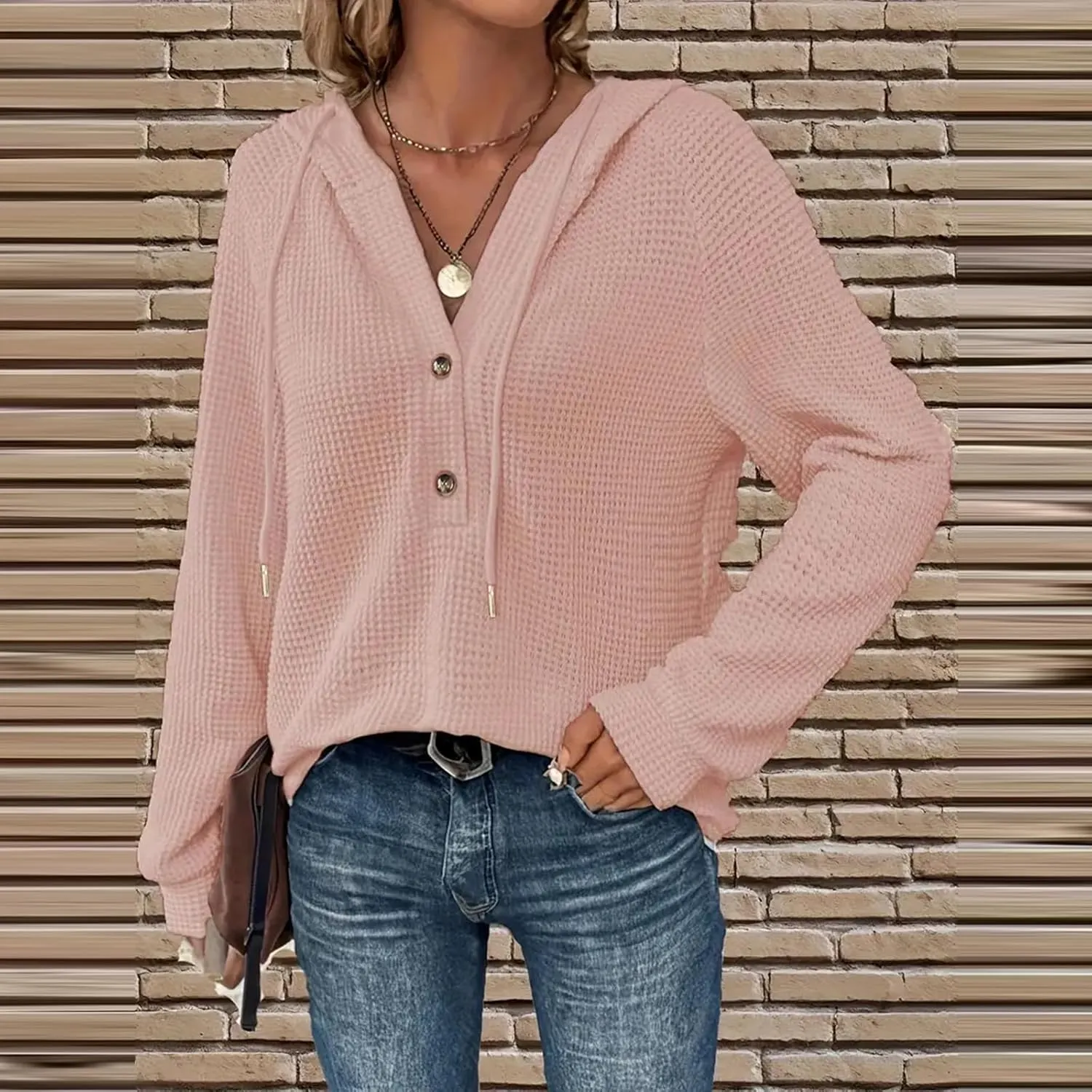Waffle Knit Hooded Tops for Women Fall Trendy Button V Neck Pullover Sweatshirt Casual Long Sleeve Drawstring Hoodies