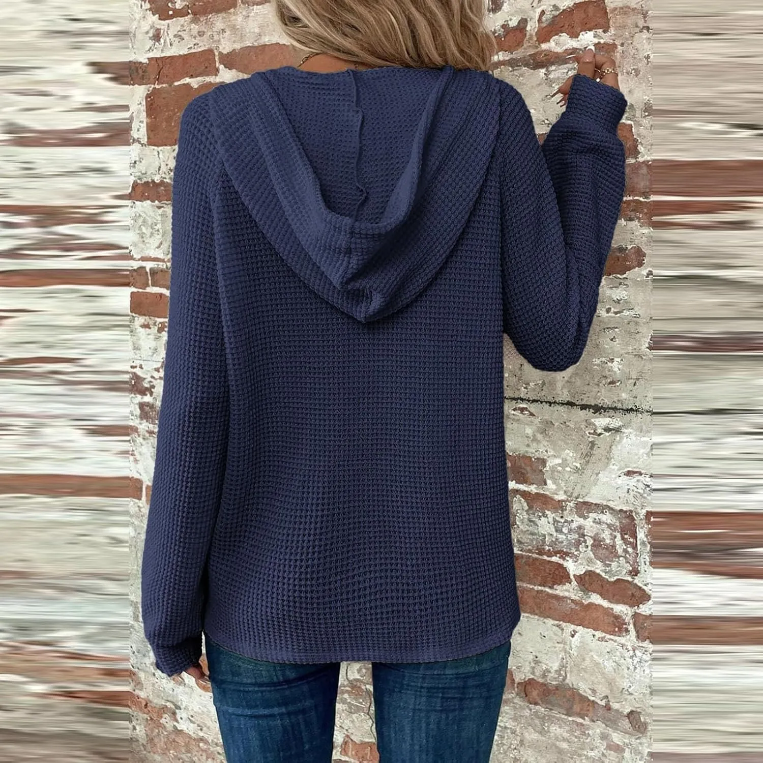 Waffle Knit Hooded Tops for Women Fall Trendy Button V Neck Pullover Sweatshirt Casual Long Sleeve Drawstring Hoodies