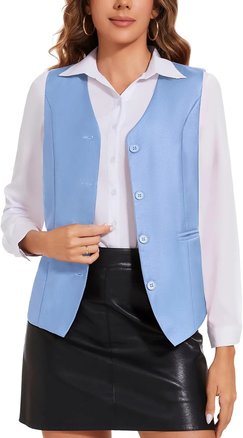 Waistcoat Vest for Women Fully Lined V-Neck Button Down Formal Fitted Dressy Suit Vest Coat with Pockets
