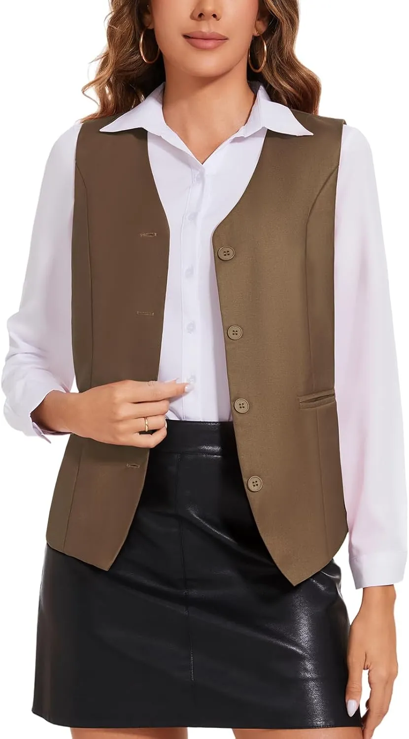Waistcoat Vest for Women Fully Lined V-Neck Button Down Formal Fitted Dressy Suit Vest Coat with Pockets