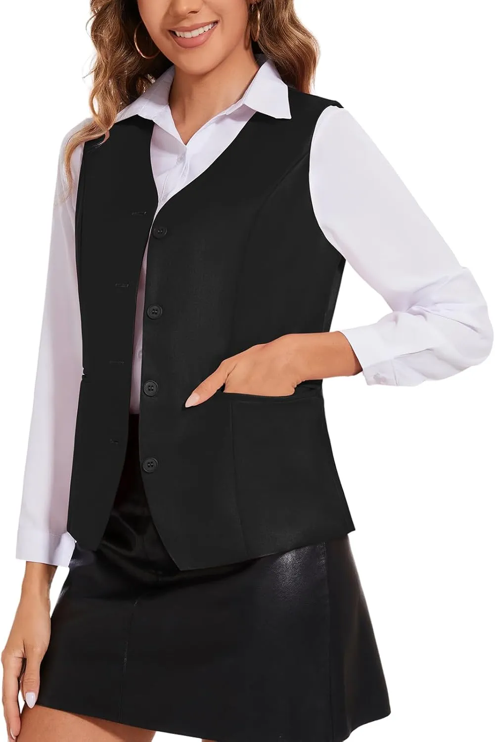 Waistcoat Vest for Women Fully Lined V-Neck Button Down Formal Fitted Dressy Suit Vest Coat with Pockets