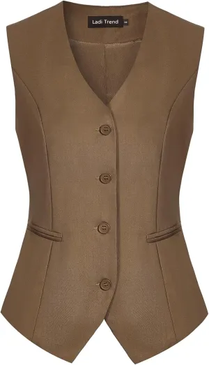 Waistcoat Vest for Women Fully Lined V-Neck Button Down Formal Fitted Dressy Suit Vest Coat with Pockets