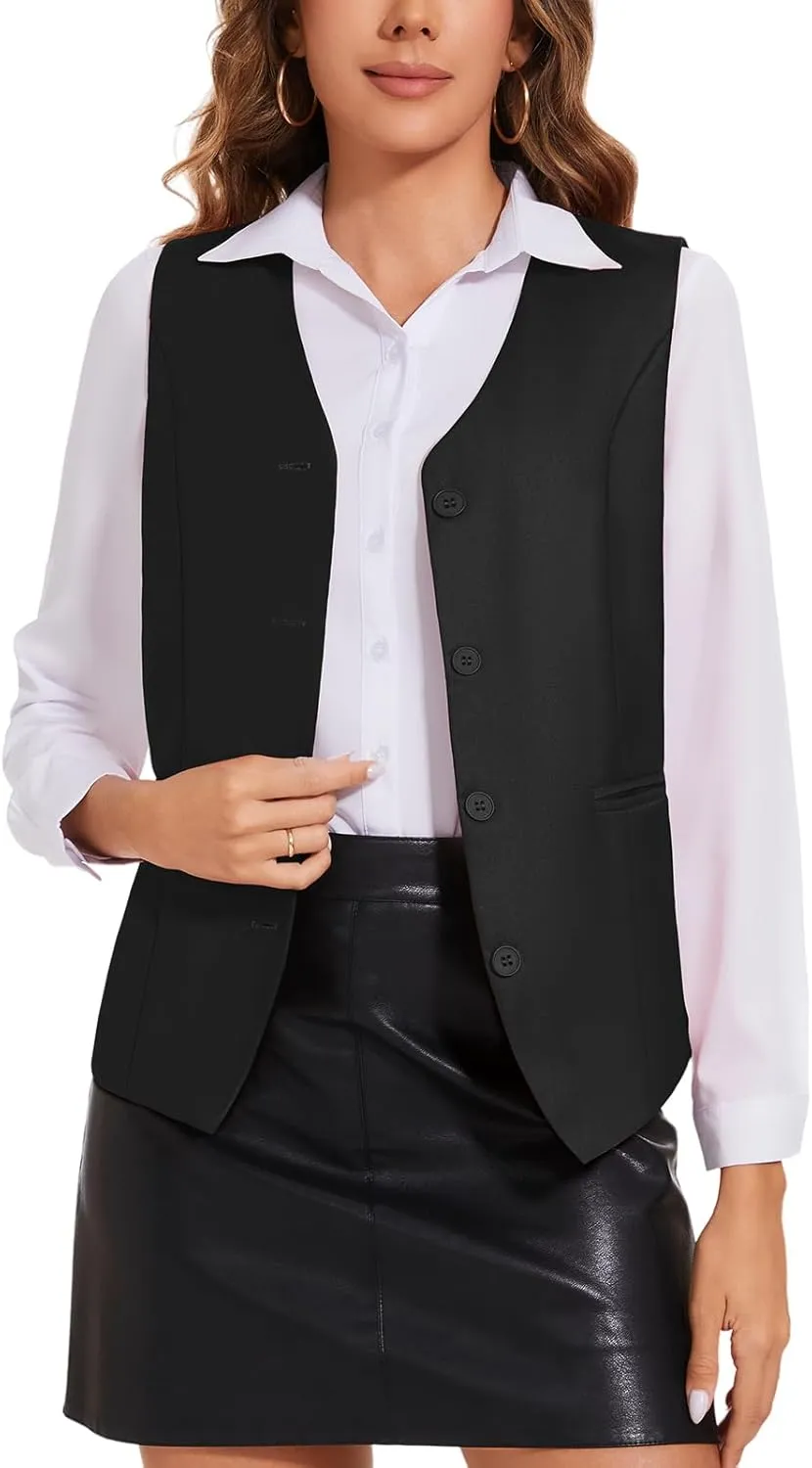 Waistcoat Vest for Women Fully Lined V-Neck Button Down Formal Fitted Dressy Suit Vest Coat with Pockets