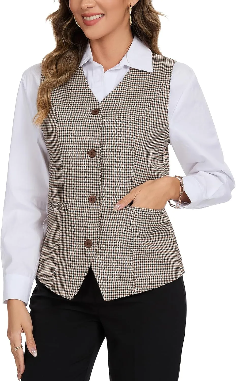Waistcoat Vest for Women Fully Lined V-Neck Button Down Formal Fitted Dressy Suit Vest Coat with Pockets