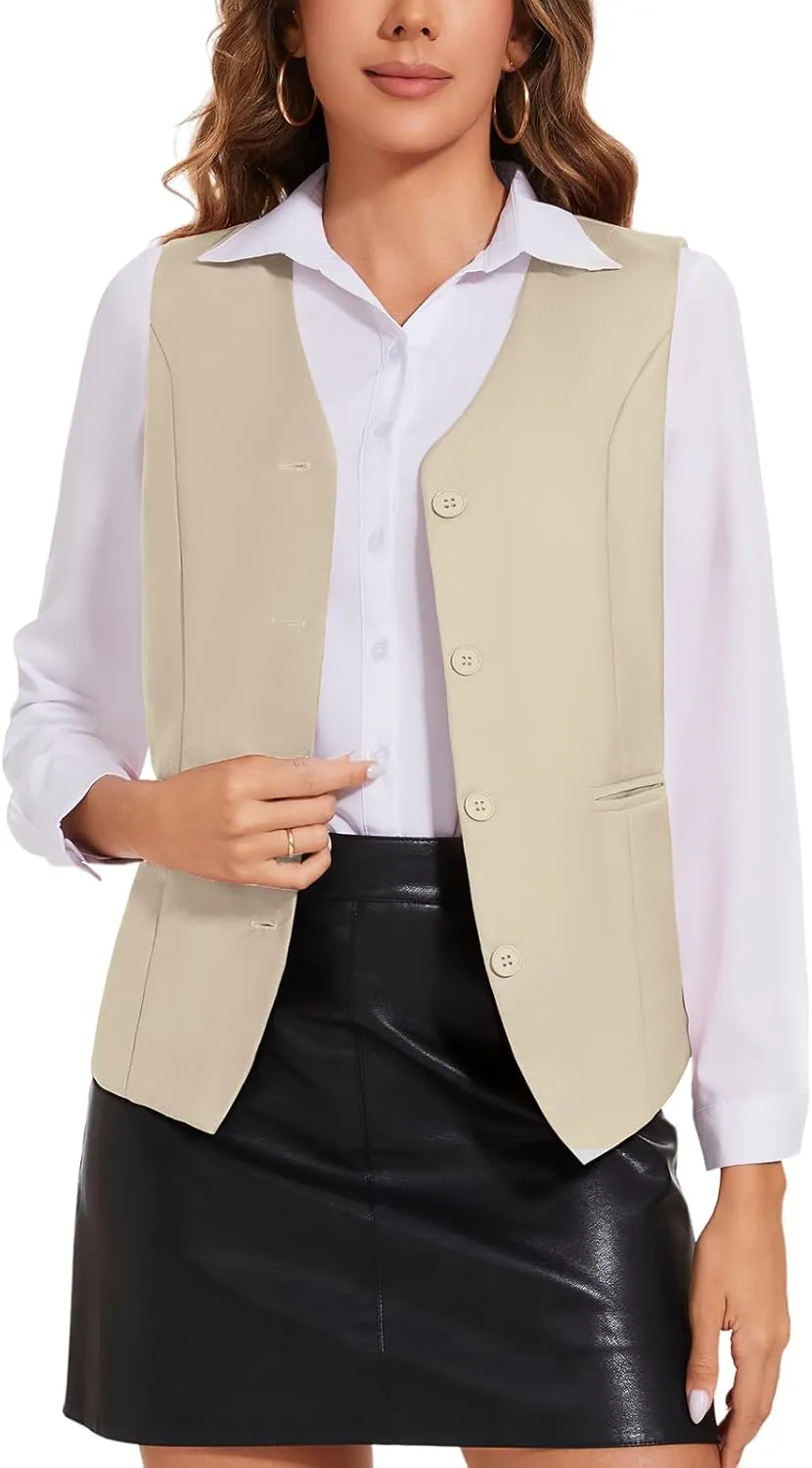Waistcoat Vest for Women Fully Lined V-Neck Button Down Formal Fitted Dressy Suit Vest Coat with Pockets