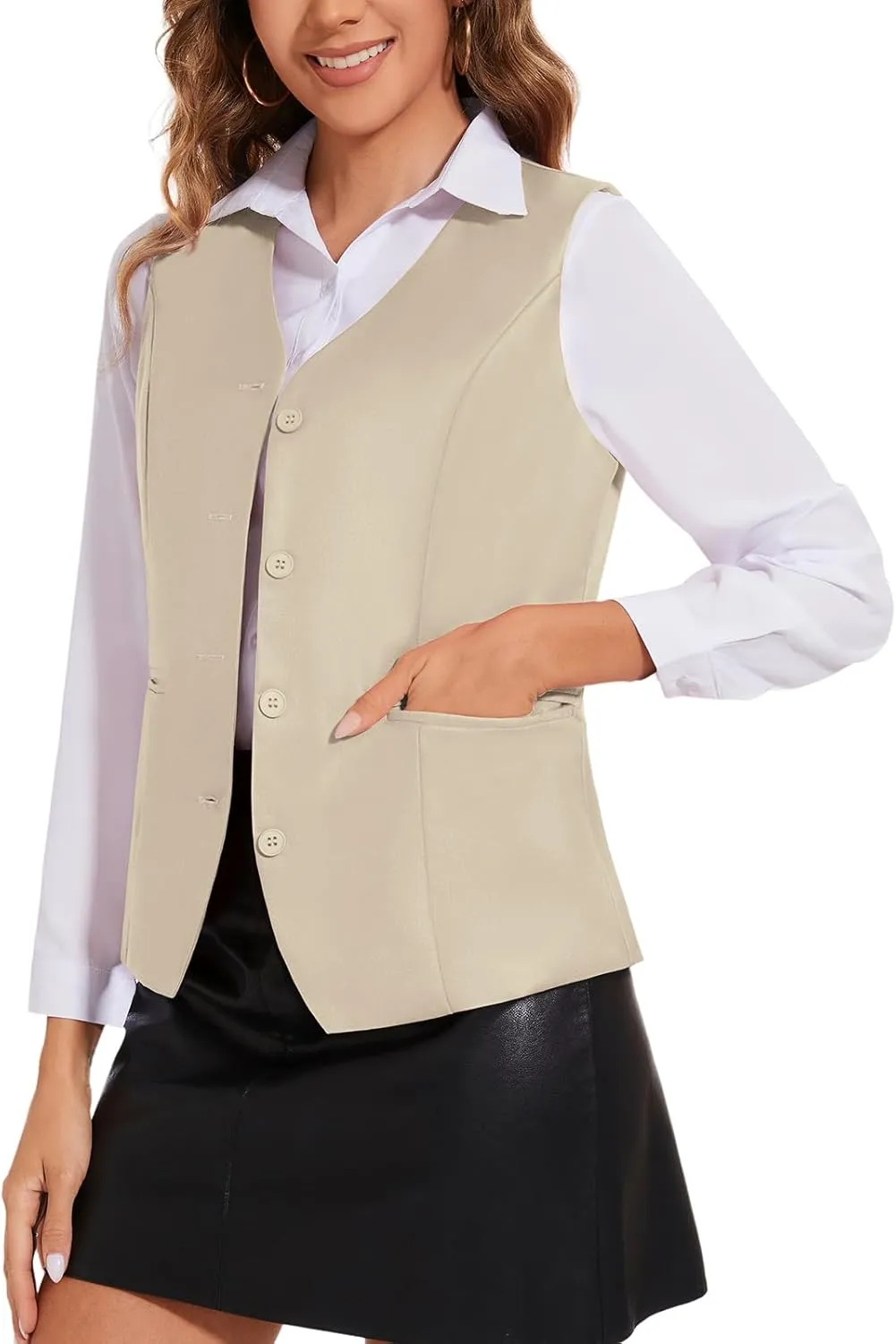Waistcoat Vest for Women Fully Lined V-Neck Button Down Formal Fitted Dressy Suit Vest Coat with Pockets