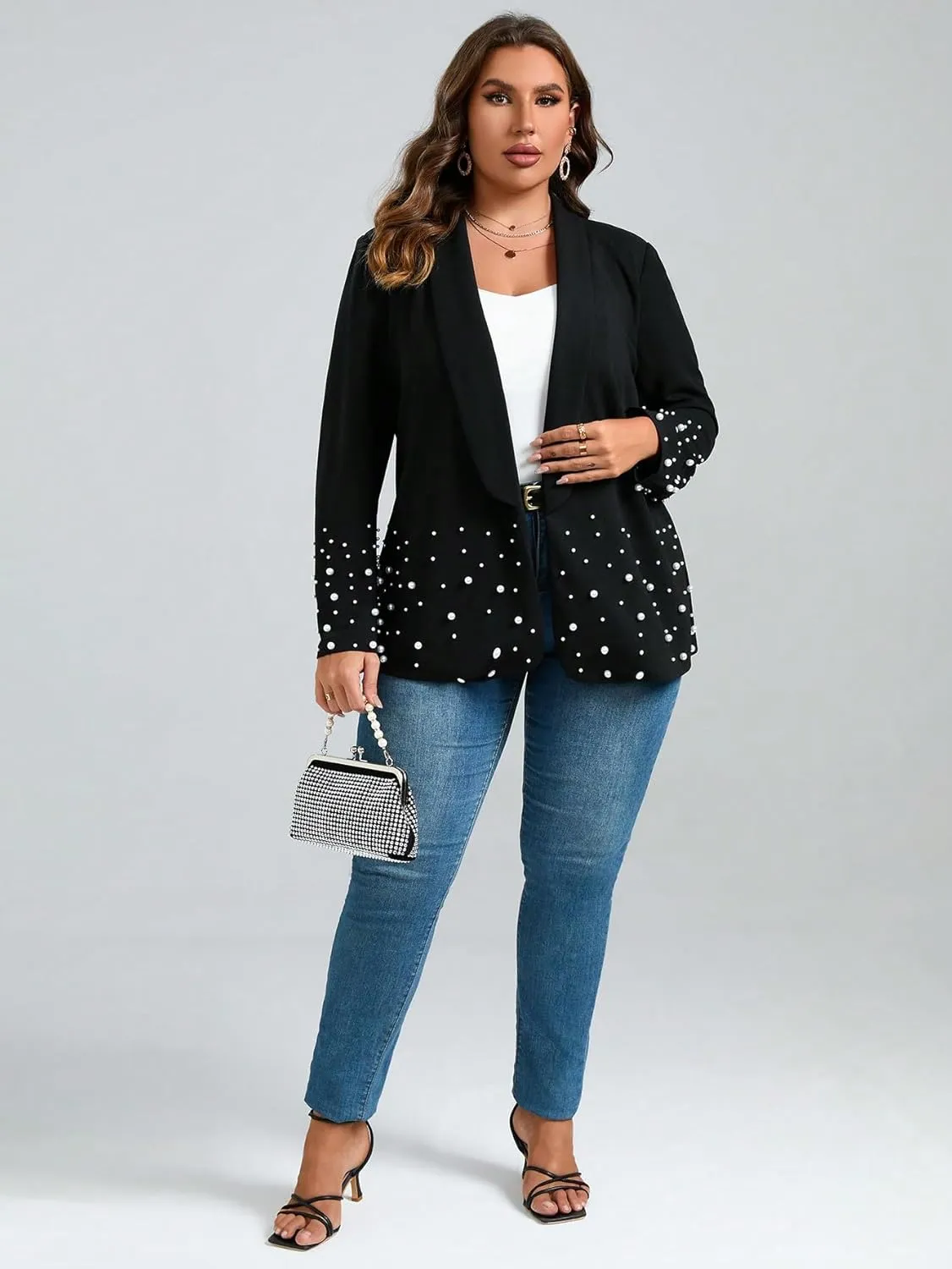 WDIRARA Women's Pearls Trim Blazers Open Front Long Sleeve Shawl Collar Elegant Suits Jackets