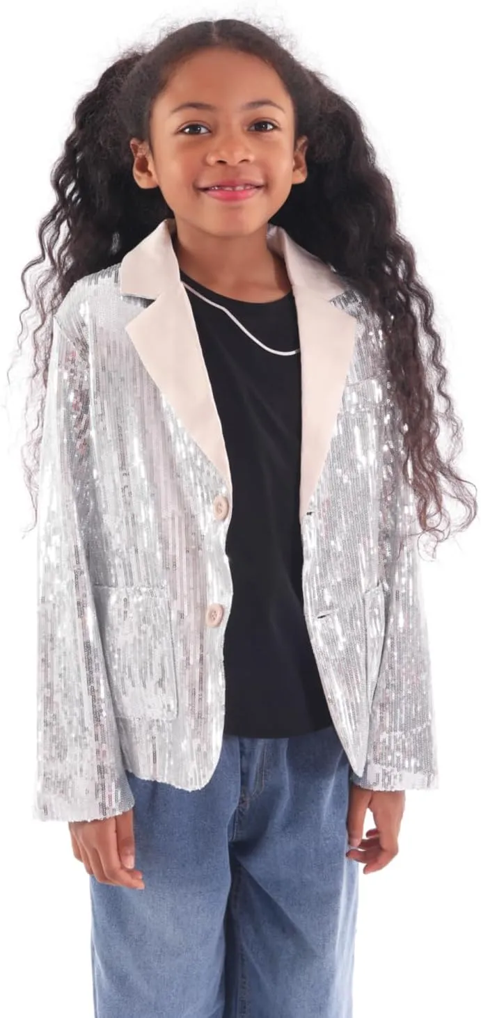 WELAKEN Girls Sequin Blazers Jacket Long Sleeve Notched Lapel Button Down Suit Coat with Pockets