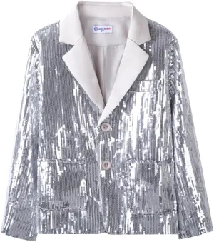 WELAKEN Girls Sequin Blazers Jacket Long Sleeve Notched Lapel Button Down Suit Coat with Pockets