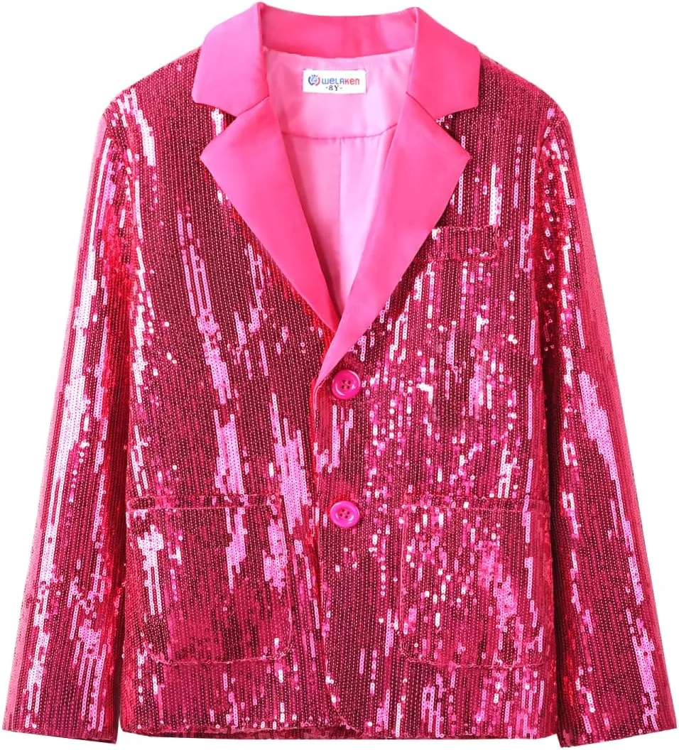 WELAKEN Girls Sequin Blazers Jacket Long Sleeve Notched Lapel Button Down Suit Coat with Pockets