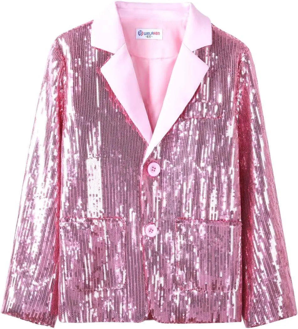 WELAKEN Girls Sequin Blazers Jacket Long Sleeve Notched Lapel Button Down Suit Coat with Pockets