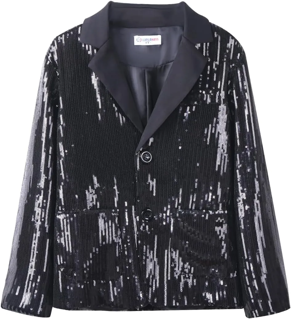 WELAKEN Girls Sequin Blazers Jacket Long Sleeve Notched Lapel Button Down Suit Coat with Pockets