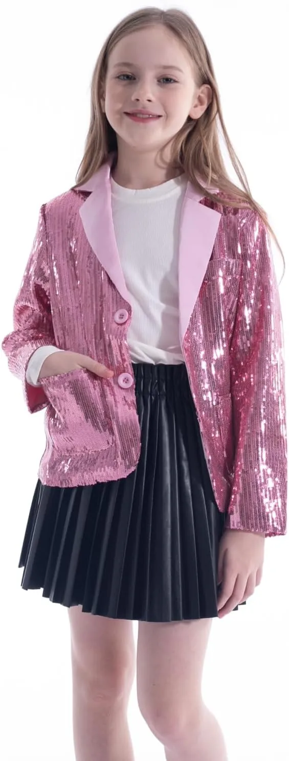WELAKEN Girls Sequin Blazers Jacket Long Sleeve Notched Lapel Button Down Suit Coat with Pockets