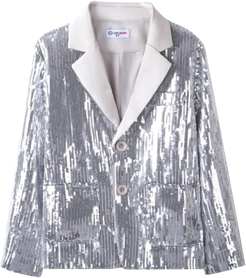 WELAKEN Girls Sequin Blazers Jacket Long Sleeve Notched Lapel Button Down Suit Coat with Pockets