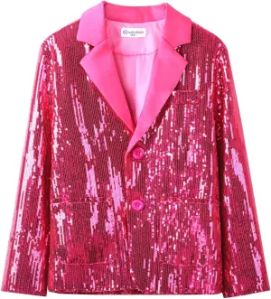 WELAKEN Girls Sequin Blazers Jacket Long Sleeve Notched Lapel Button Down Suit Coat with Pockets