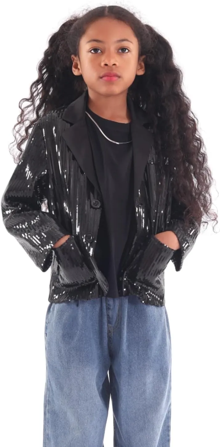 WELAKEN Girls Sequin Blazers Jacket Long Sleeve Notched Lapel Button Down Suit Coat with Pockets