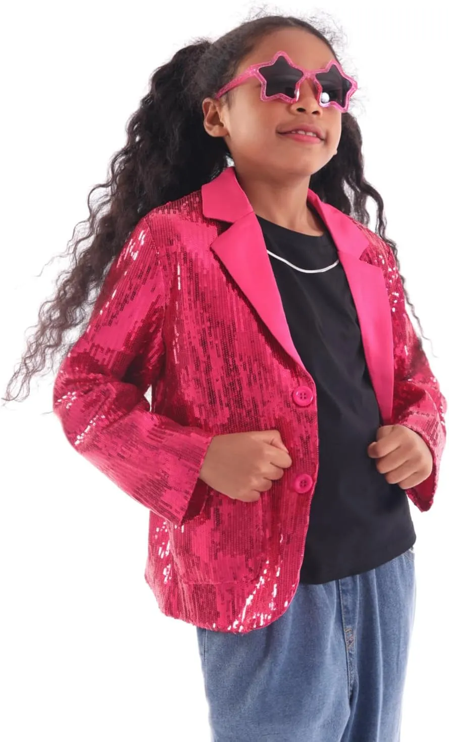 WELAKEN Girls Sequin Blazers Jacket Long Sleeve Notched Lapel Button Down Suit Coat with Pockets
