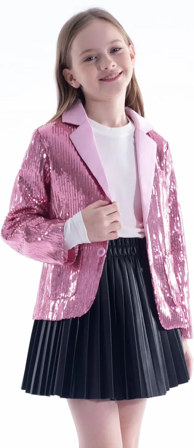 WELAKEN Girls Sequin Blazers Jacket Long Sleeve Notched Lapel Button Down Suit Coat with Pockets