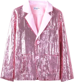 WELAKEN Girls Sequin Blazers Jacket Long Sleeve Notched Lapel Button Down Suit Coat with Pockets