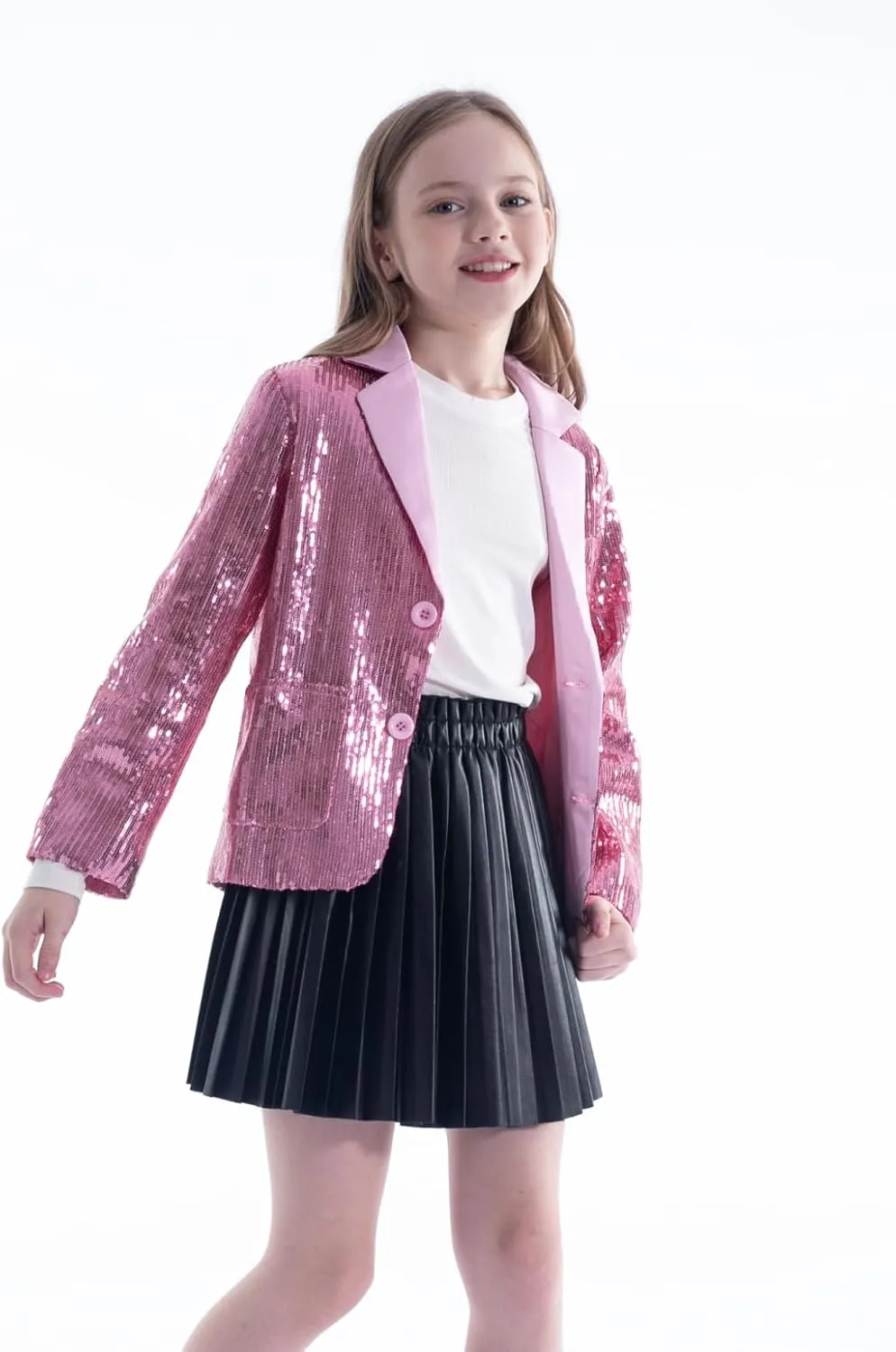 WELAKEN Girls Sequin Blazers Jacket Long Sleeve Notched Lapel Button Down Suit Coat with Pockets