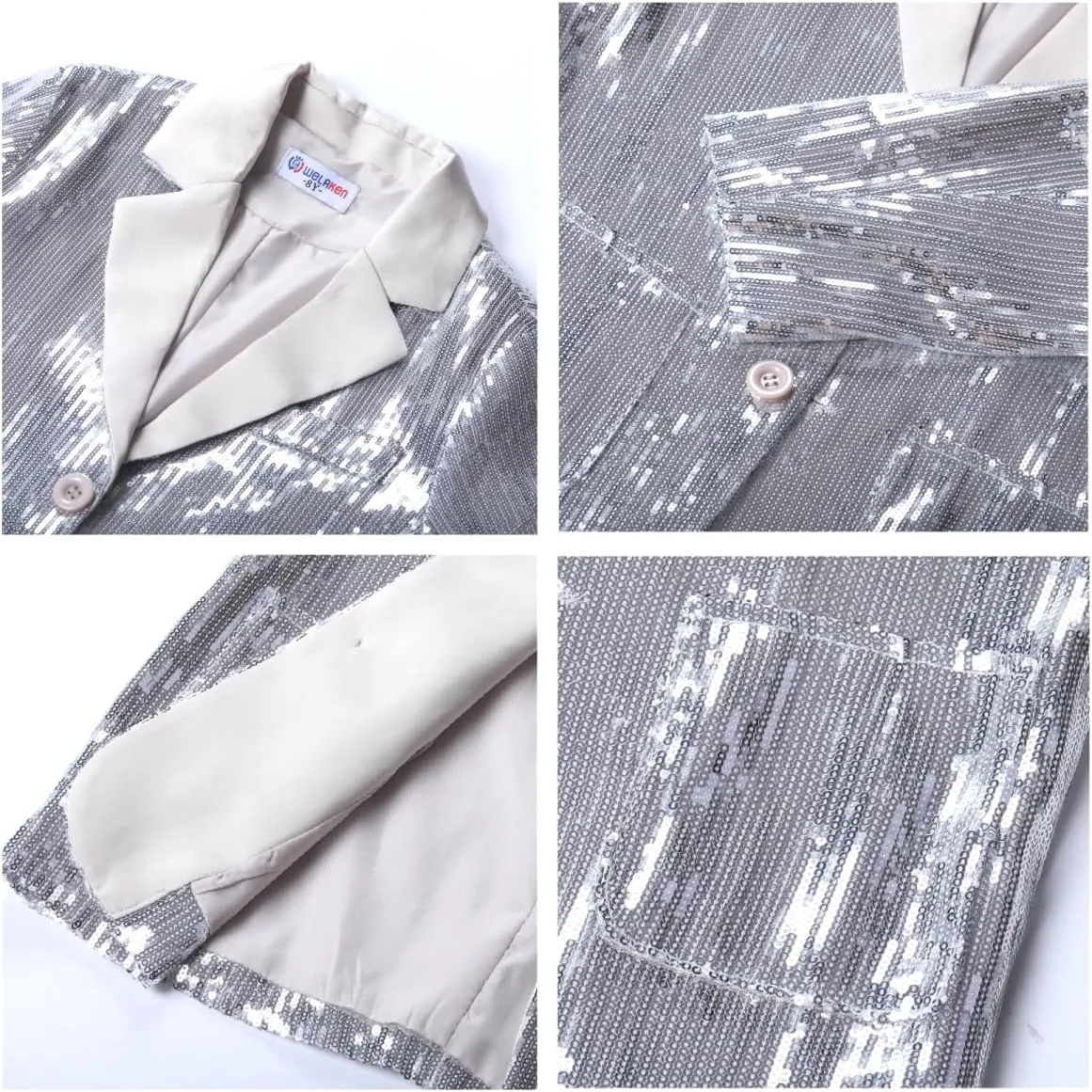 WELAKEN Girls Sequin Blazers Jacket Long Sleeve Notched Lapel Button Down Suit Coat with Pockets