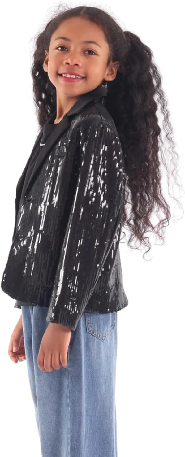 WELAKEN Girls Sequin Blazers Jacket Long Sleeve Notched Lapel Button Down Suit Coat with Pockets