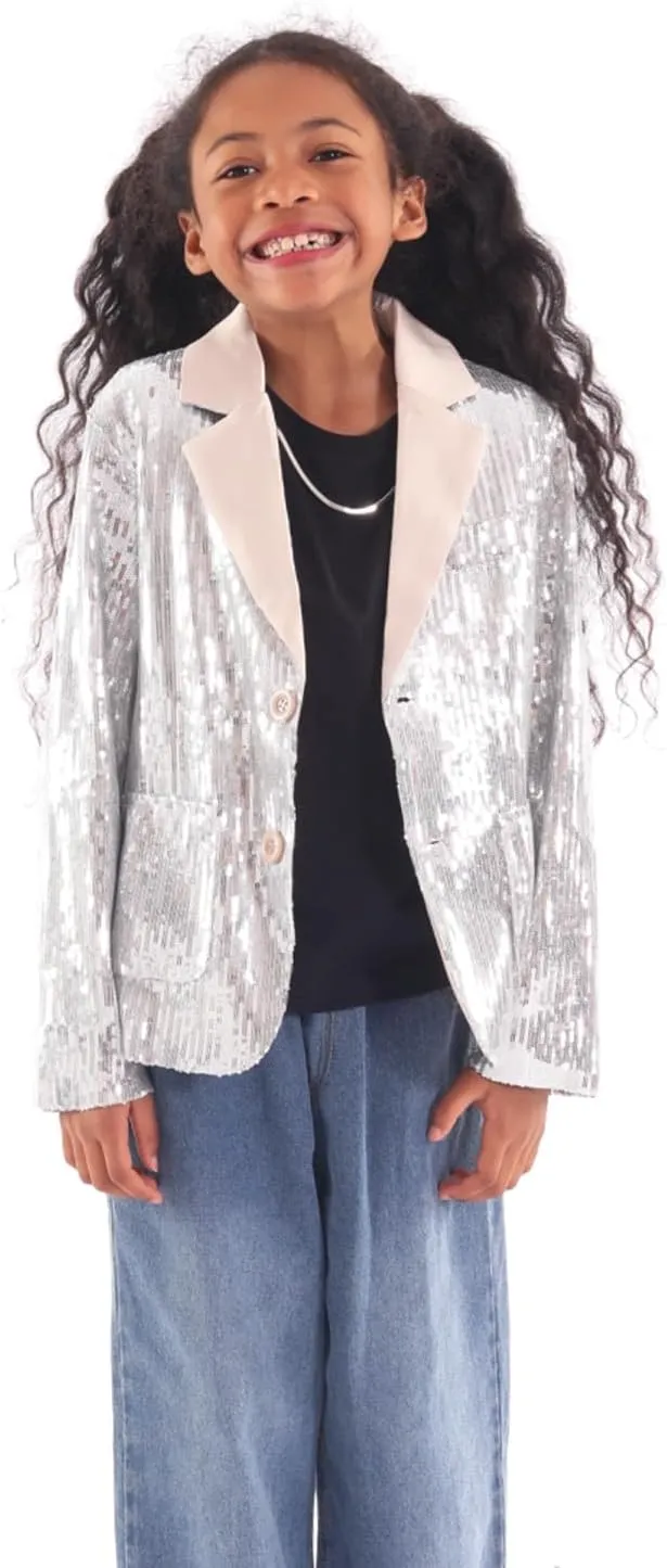 WELAKEN Girls Sequin Blazers Jacket Long Sleeve Notched Lapel Button Down Suit Coat with Pockets
