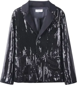 WELAKEN Girls Sequin Blazers Jacket Long Sleeve Notched Lapel Button Down Suit Coat with Pockets