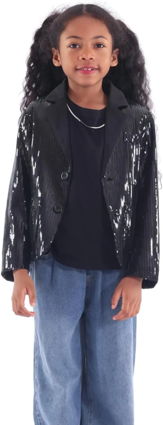 WELAKEN Girls Sequin Blazers Jacket Long Sleeve Notched Lapel Button Down Suit Coat with Pockets