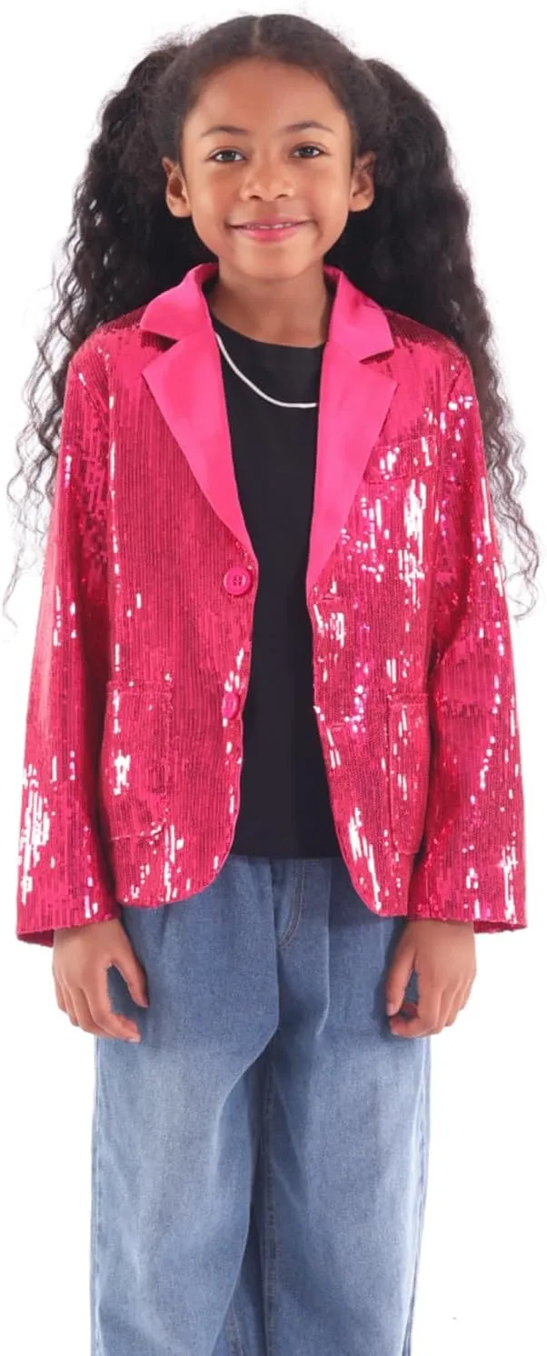 WELAKEN Girls Sequin Blazers Jacket Long Sleeve Notched Lapel Button Down Suit Coat with Pockets