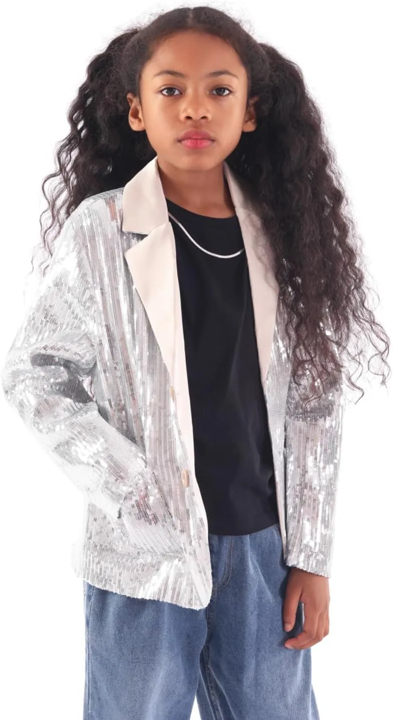 WELAKEN Girls Sequin Blazers Jacket Long Sleeve Notched Lapel Button Down Suit Coat with Pockets