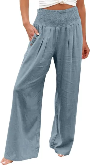 Wide Leg Linen Lounge Pants for Woman Smocked Elastic High Waisted Casual Palazzo Casual Long Trousers with Pocket